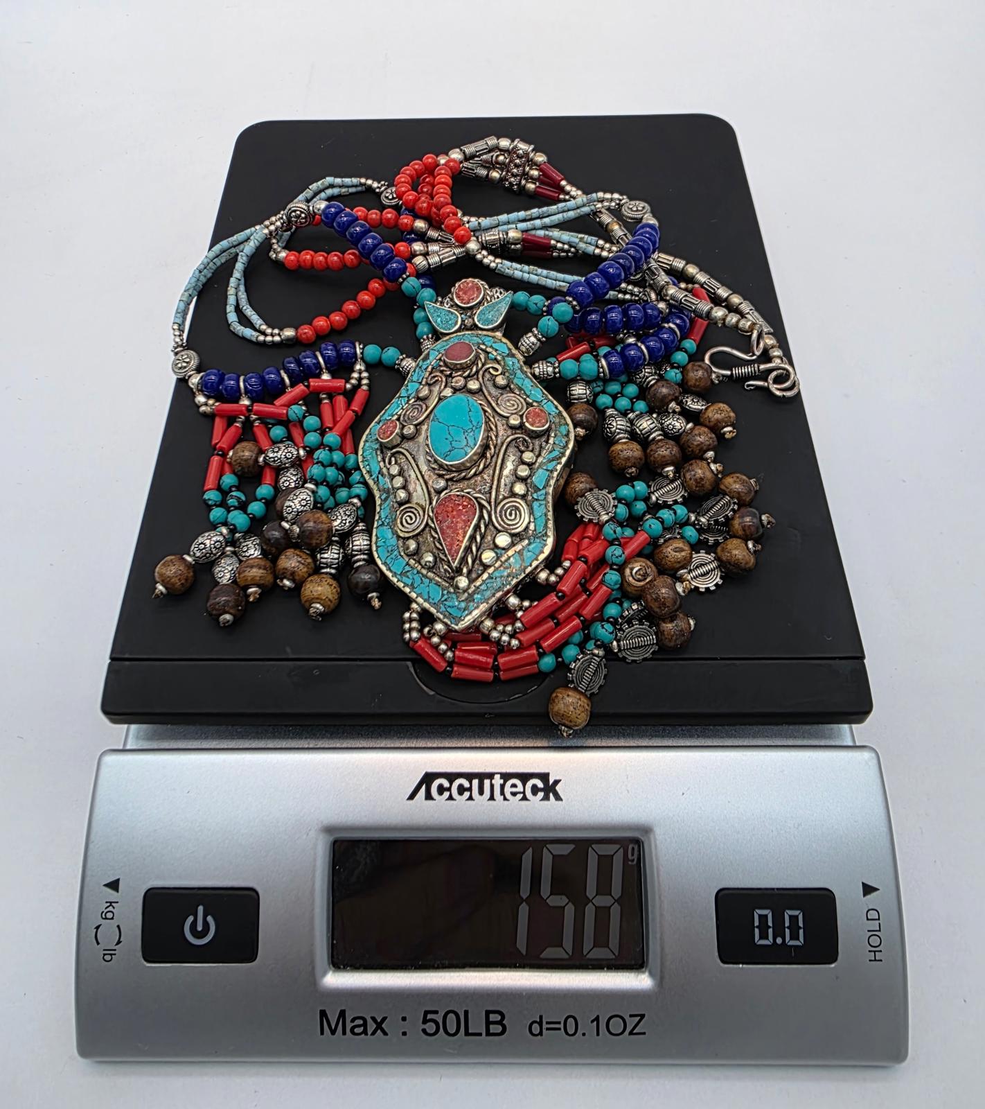 Tibetan Nepali Handmade Necklace, Turquoise Coral & Glass Beads, Untested Silver