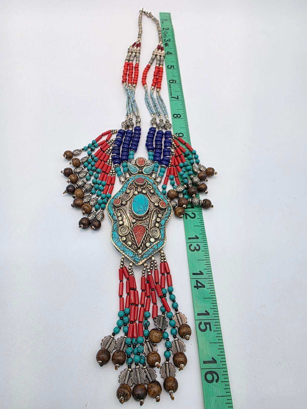 Tibetan Nepali Handmade Necklace, Turquoise Coral & Glass Beads, Untested Silver