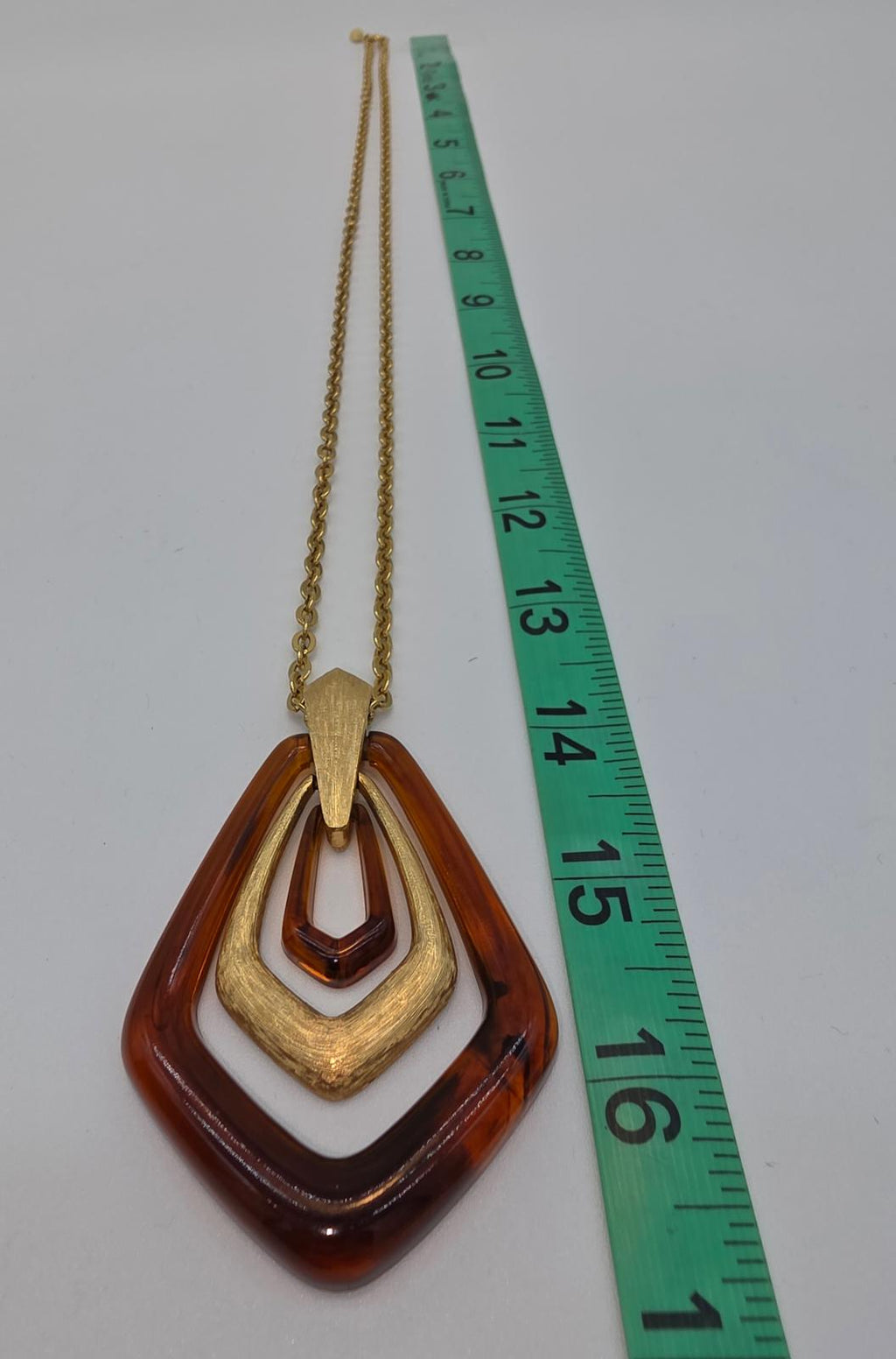 Vintage Avon Tortoiseshell Lucite Necklace Gold Tone Geometric Pendants & Chain