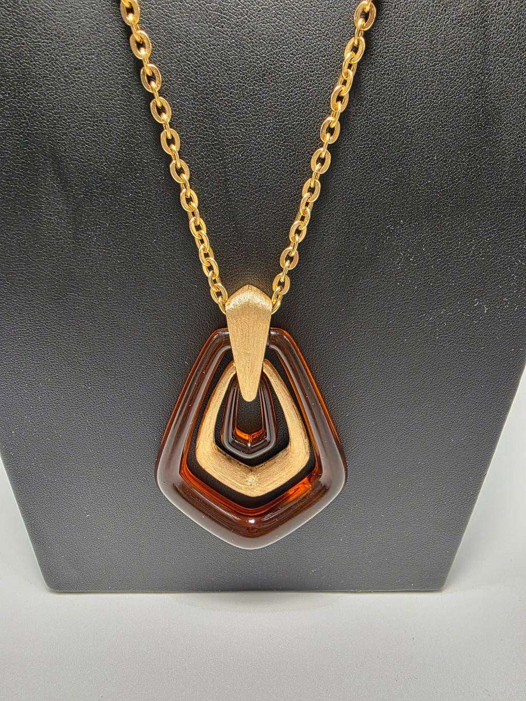 Vintage Avon Tortoiseshell Lucite Necklace Gold Tone Geometric Pendants & Chain