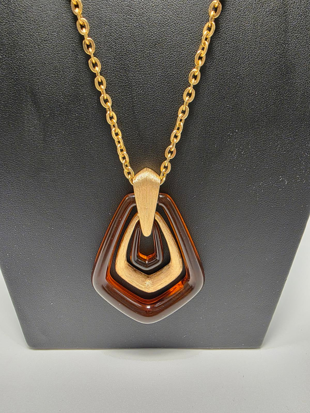 Vintage Avon Tortoiseshell Lucite Necklace Gold Tone Geometric Pendants & Chain
