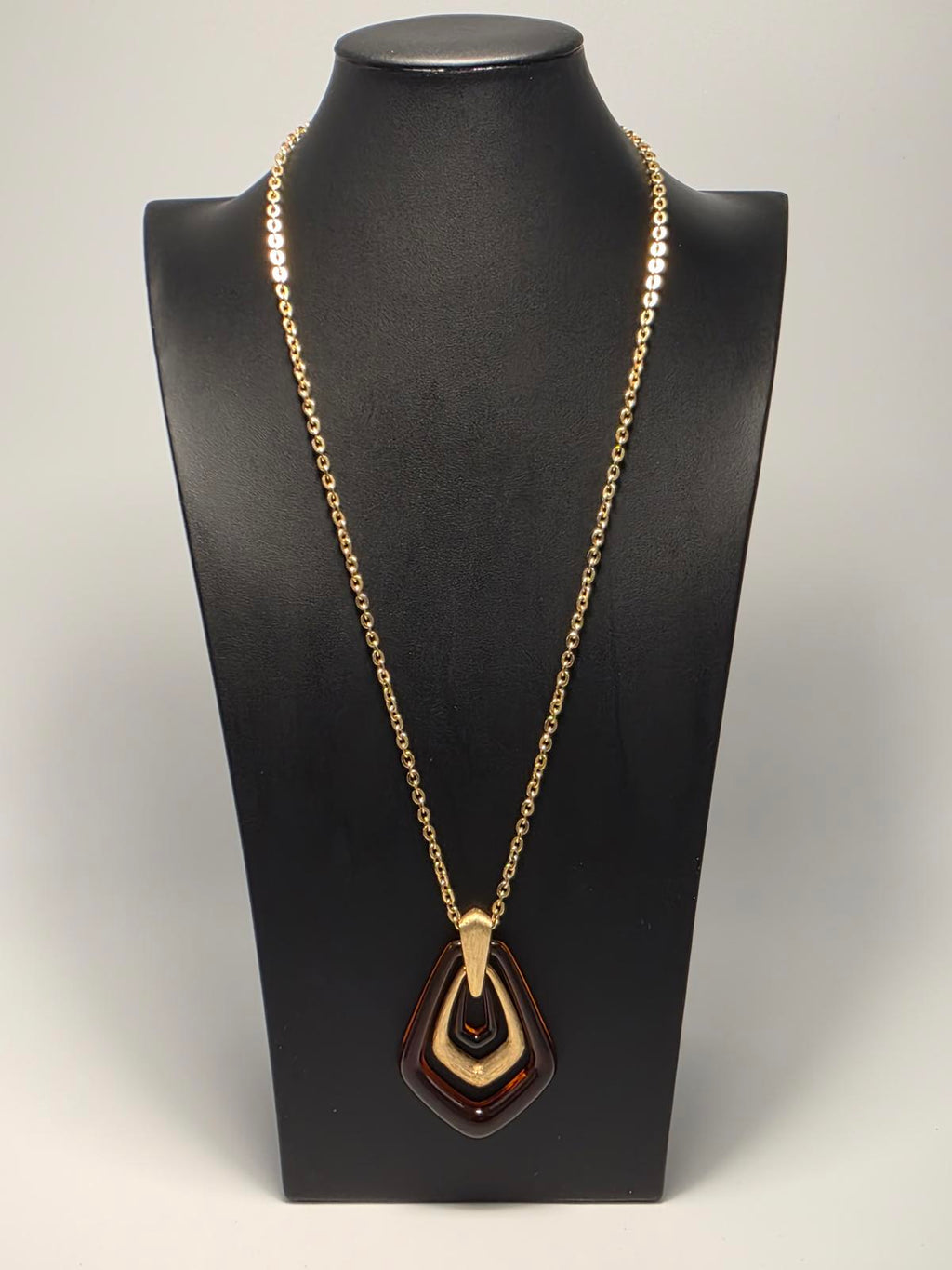 Vintage Avon Tortoiseshell Lucite Necklace Gold Tone Geometric Pendants & Chain