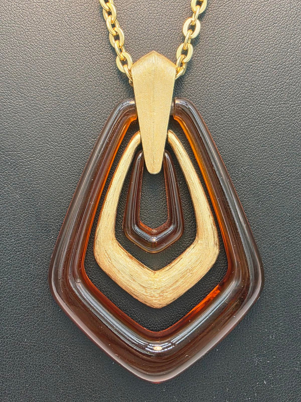 Vintage Avon Tortoiseshell Lucite Necklace Gold Tone Geometric Pendants & Chain