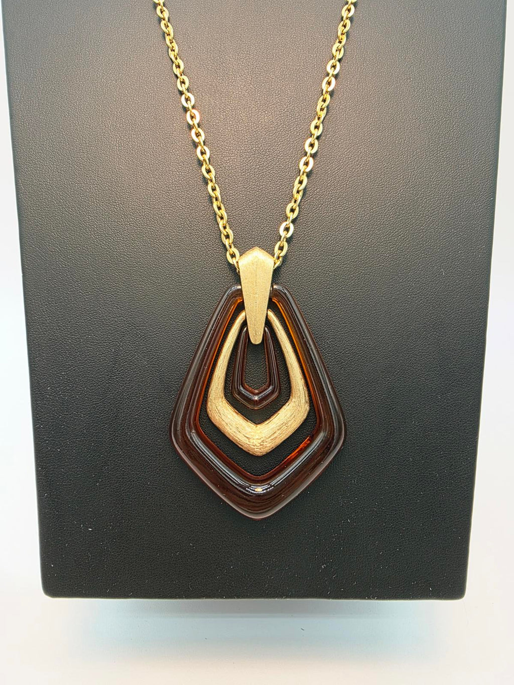 Vintage Avon Tortoiseshell Lucite Necklace Gold Tone Geometric Pendants & Chain