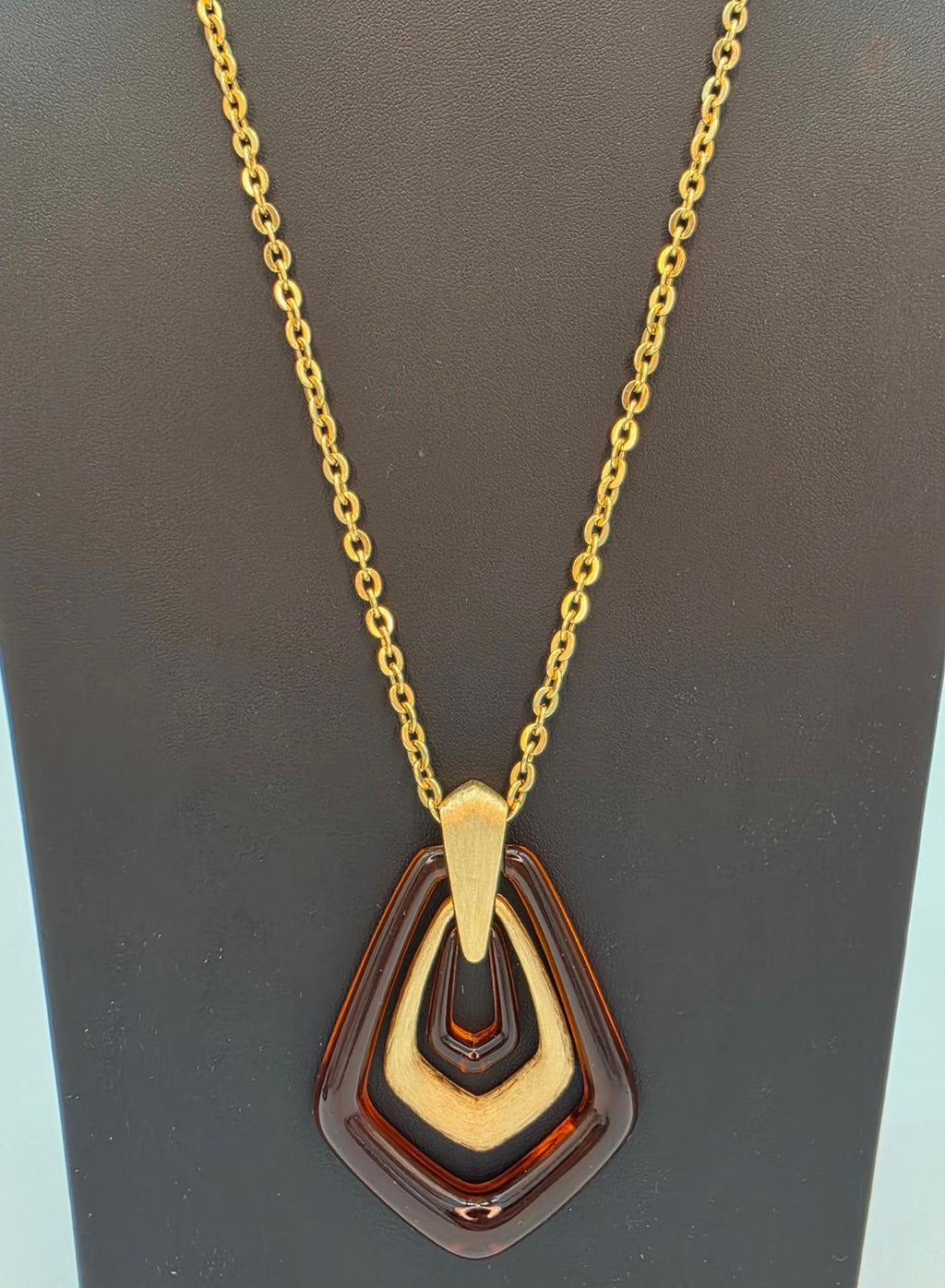 Vintage Avon Tortoiseshell Lucite Necklace Gold Tone Geometric Pendants & Chain
