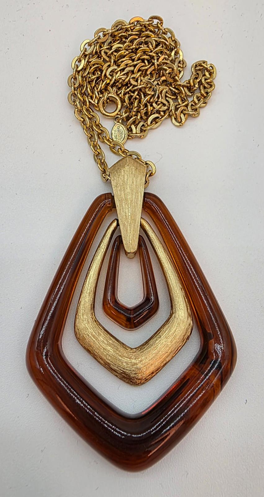 Vintage Avon Tortoiseshell Lucite Necklace Gold Tone Geometric Pendants & Chain