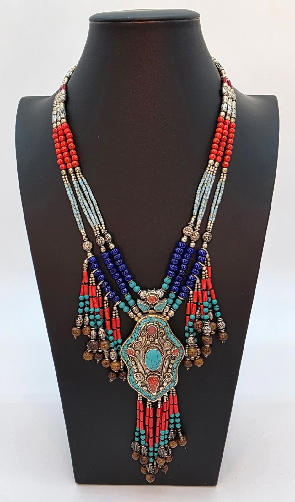 Tibetan Nepali Handmade Necklace, Turquoise Coral & Glass Beads, Untested Silver