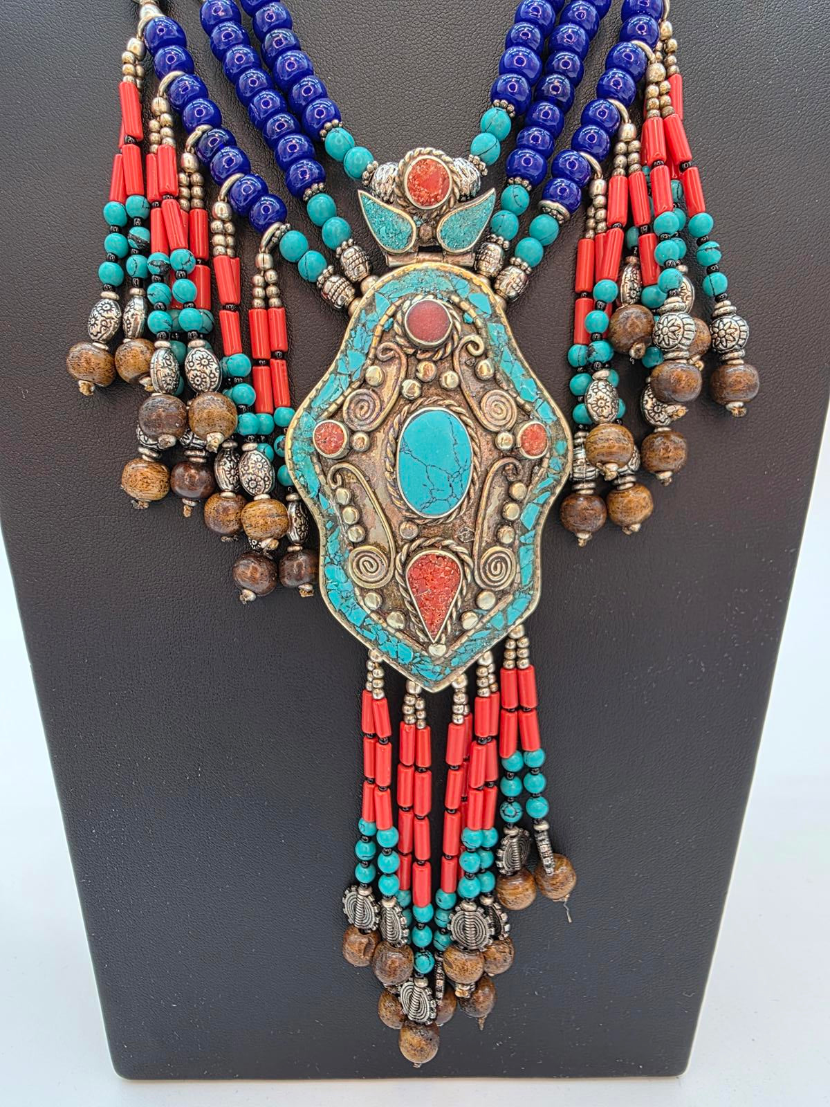 Tibetan Nepali Handmade Necklace, Turquoise Coral & Glass Beads, Untested Silver