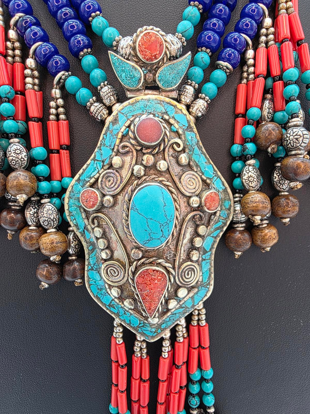 Tibetan Nepali Handmade Necklace, Turquoise Coral & Glass Beads, Untested Silver
