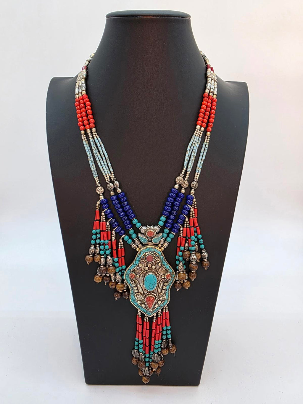 Tibetan Nepali Handmade Necklace, Turquoise Coral & Glass Beads, Untested Silver