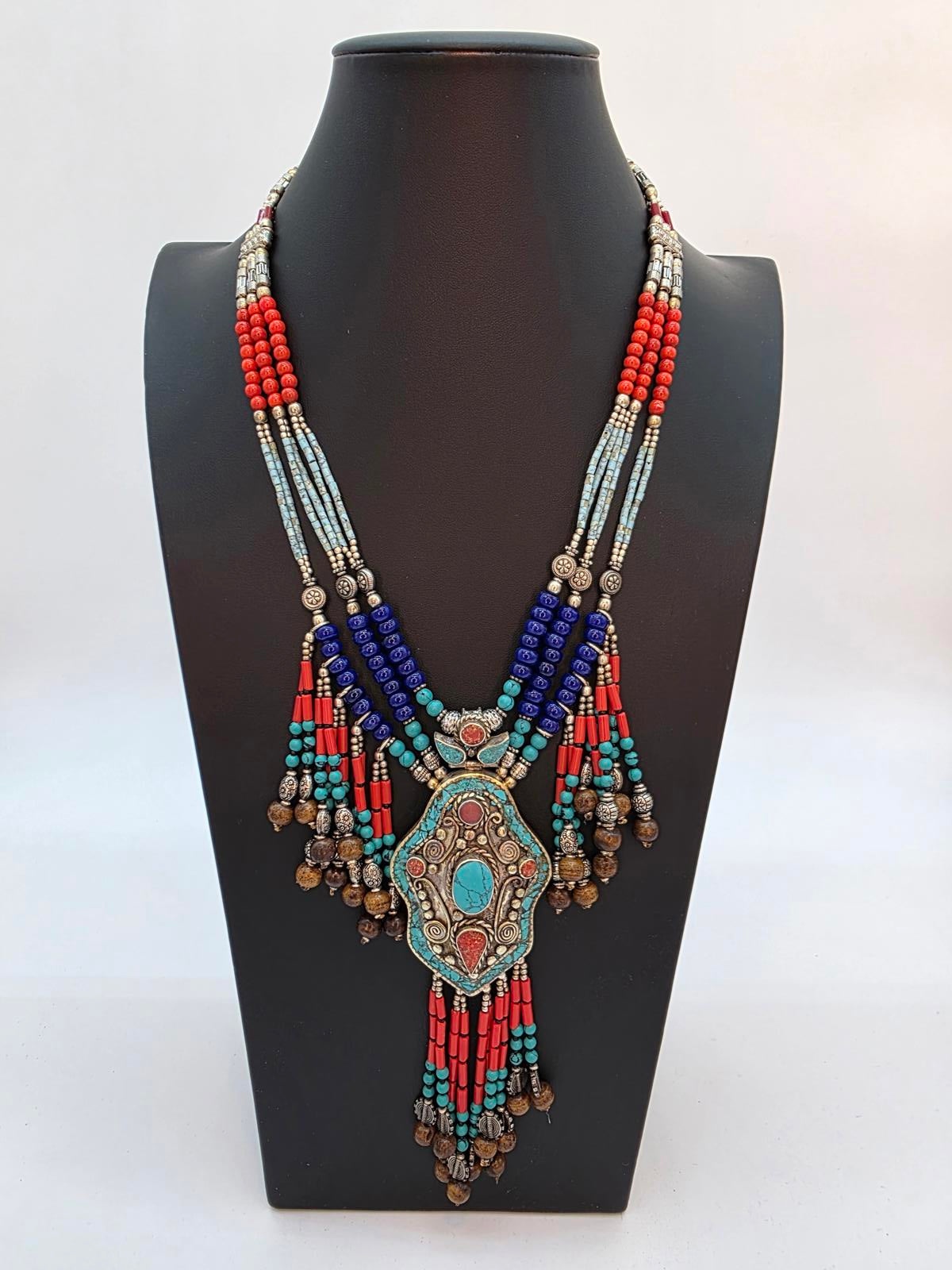 Tibetan Nepali Handmade Necklace, Turquoise Coral & Glass Beads, Untested Silver