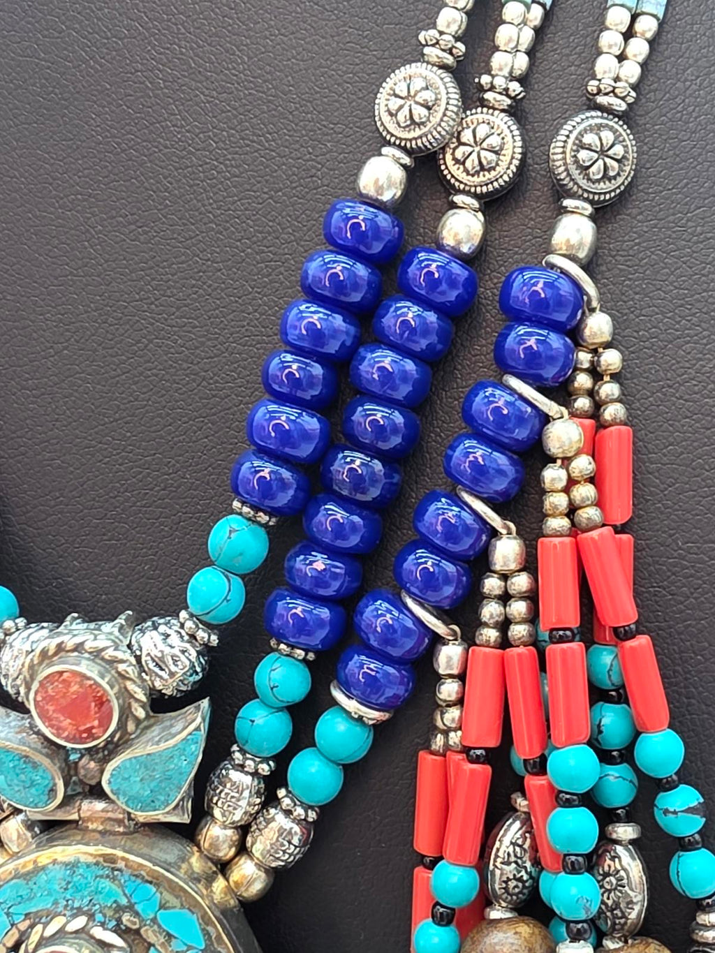 Tibetan Nepali Handmade Necklace, Turquoise Coral & Glass Beads, Untested Silver