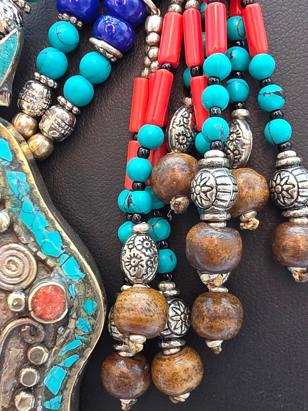 Tibetan Nepali Handmade Necklace, Turquoise Coral & Glass Beads, Untested Silver
