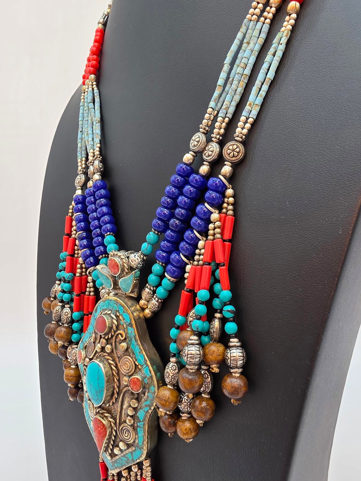 Tibetan Nepali Handmade Necklace, Turquoise Coral & Glass Beads, Untested Silver
