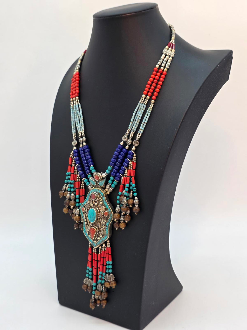 Tibetan Nepali Handmade Necklace, Turquoise Coral & Glass Beads, Untested Silver