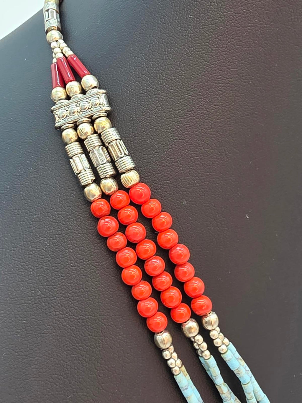 Tibetan Nepali Handmade Necklace, Turquoise Coral & Glass Beads, Untested Silver