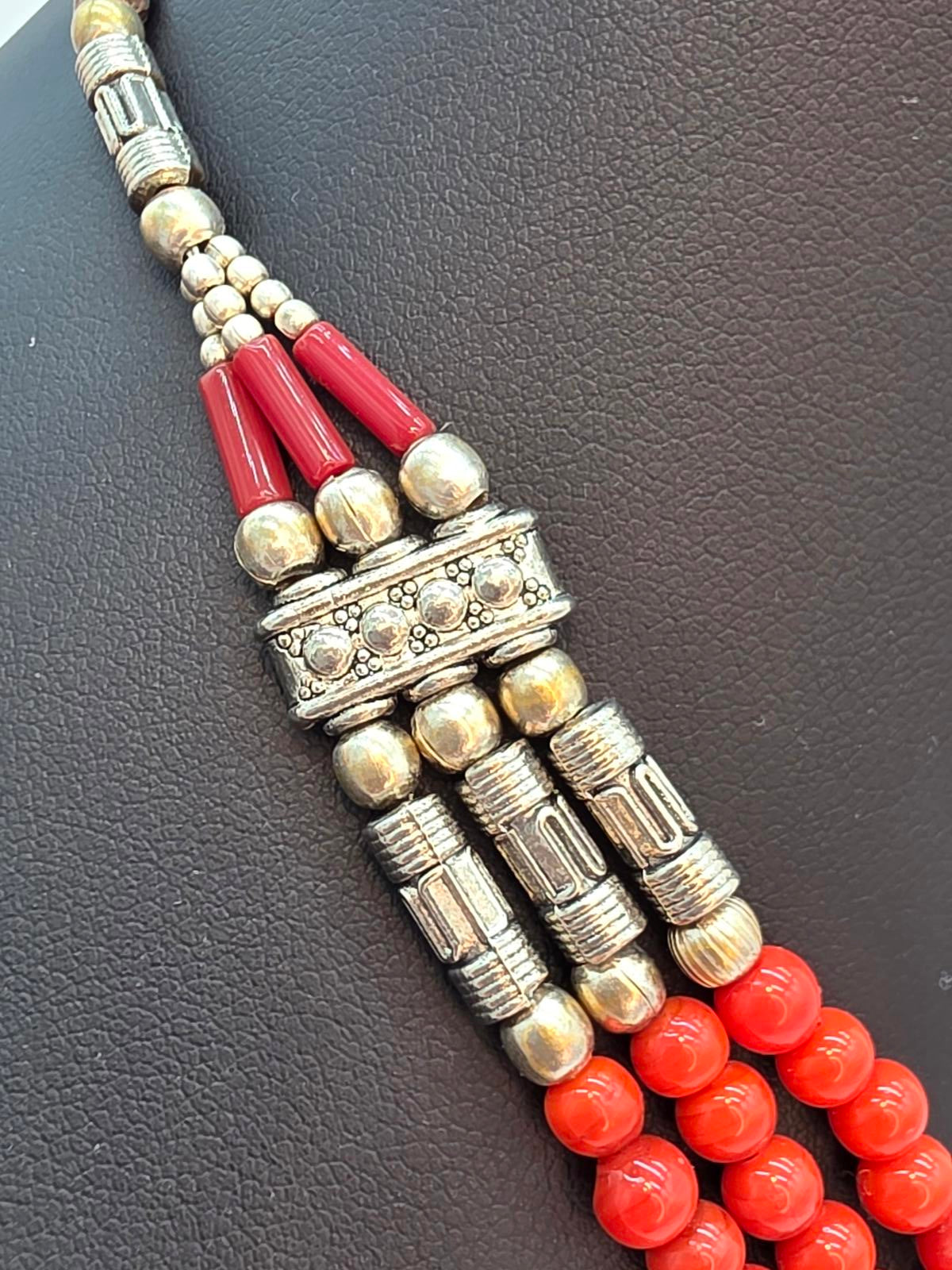 Tibetan Nepali Handmade Necklace, Turquoise Coral & Glass Beads, Untested Silver