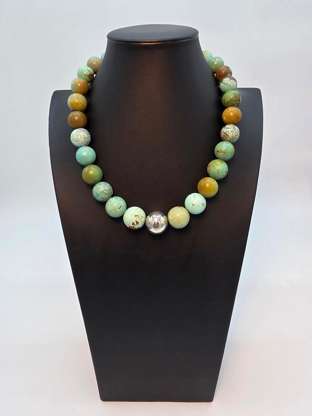 Hubei Turquoise Necklace w Large Blue, Green, Mustard & Silver Beads 170g, 21"