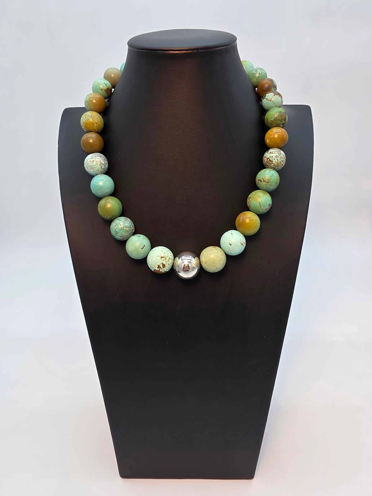 Hubei Turquoise Necklace w Large Blue, Green, Mustard & Silver Beads 170g, 21"