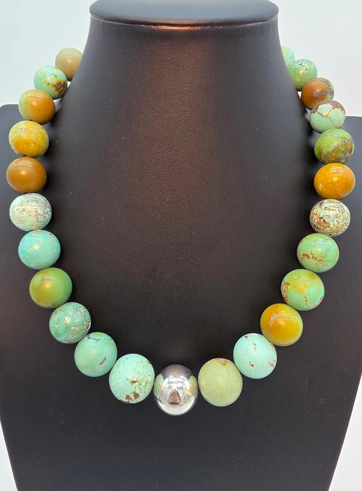 Hubei Turquoise Necklace w Large Blue, Green, Mustard & Silver Beads 170g, 21"