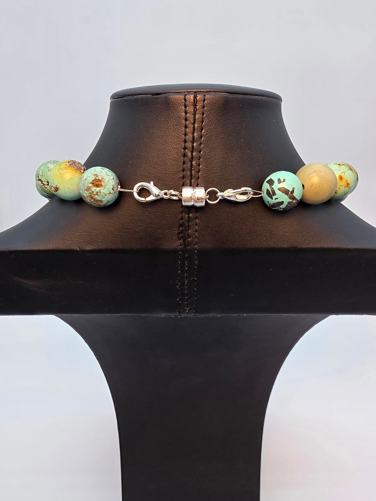 Hubei Turquoise Necklace w Large Blue, Green, Mustard & Silver Beads 170g, 21"