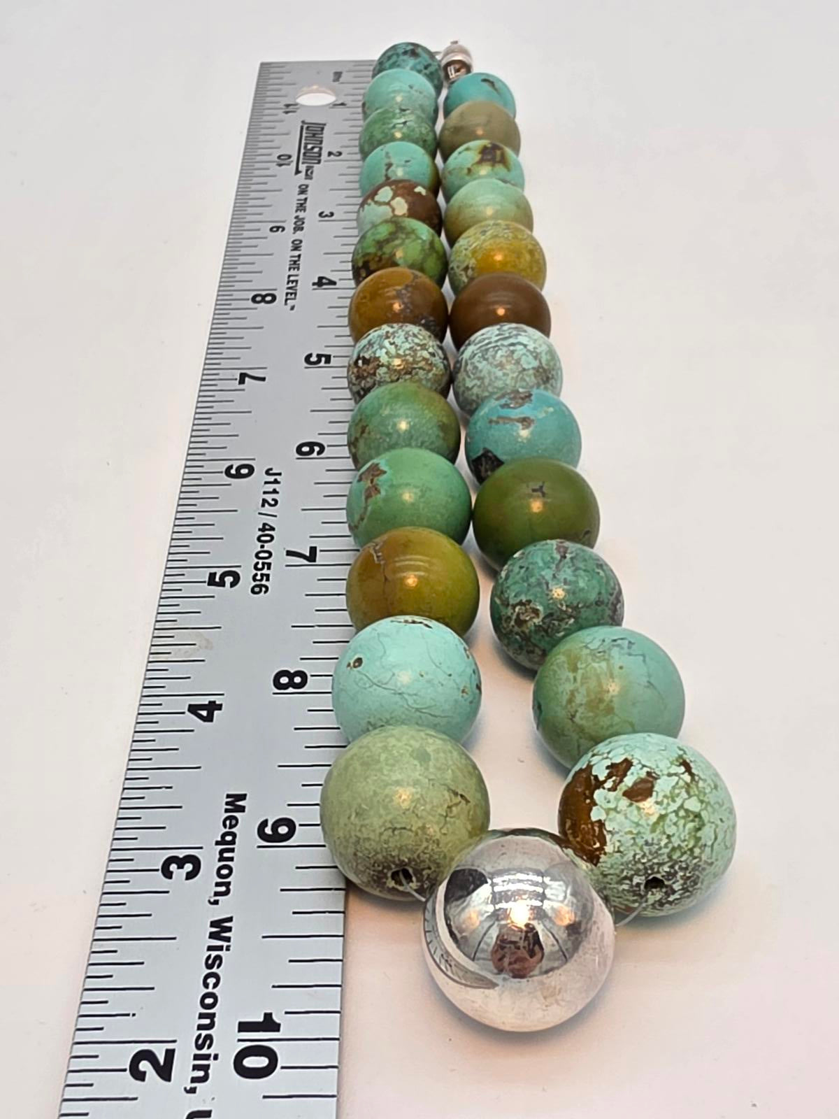 Hubei Turquoise Necklace w Large Blue, Green, Mustard & Silver Beads 170g, 21"