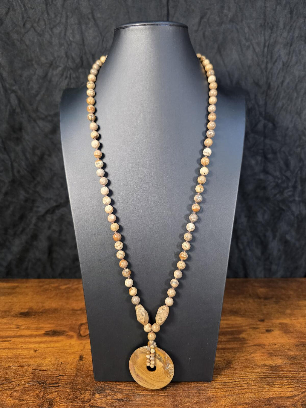 Vintage Landscape Jasper Donut Pendant Necklace Hand Knotted Stone Beads 34In