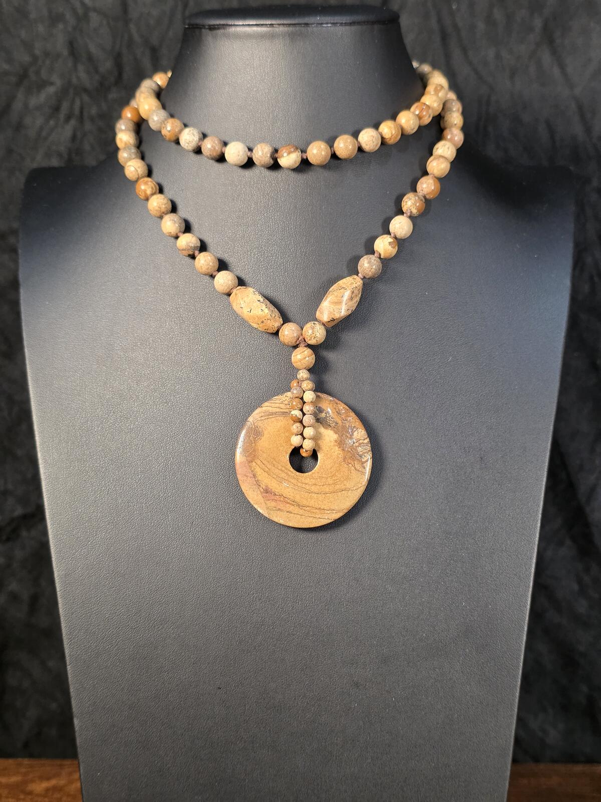 Vintage Landscape Jasper Donut Pendant Necklace Hand Knotted Stone Beads 34In