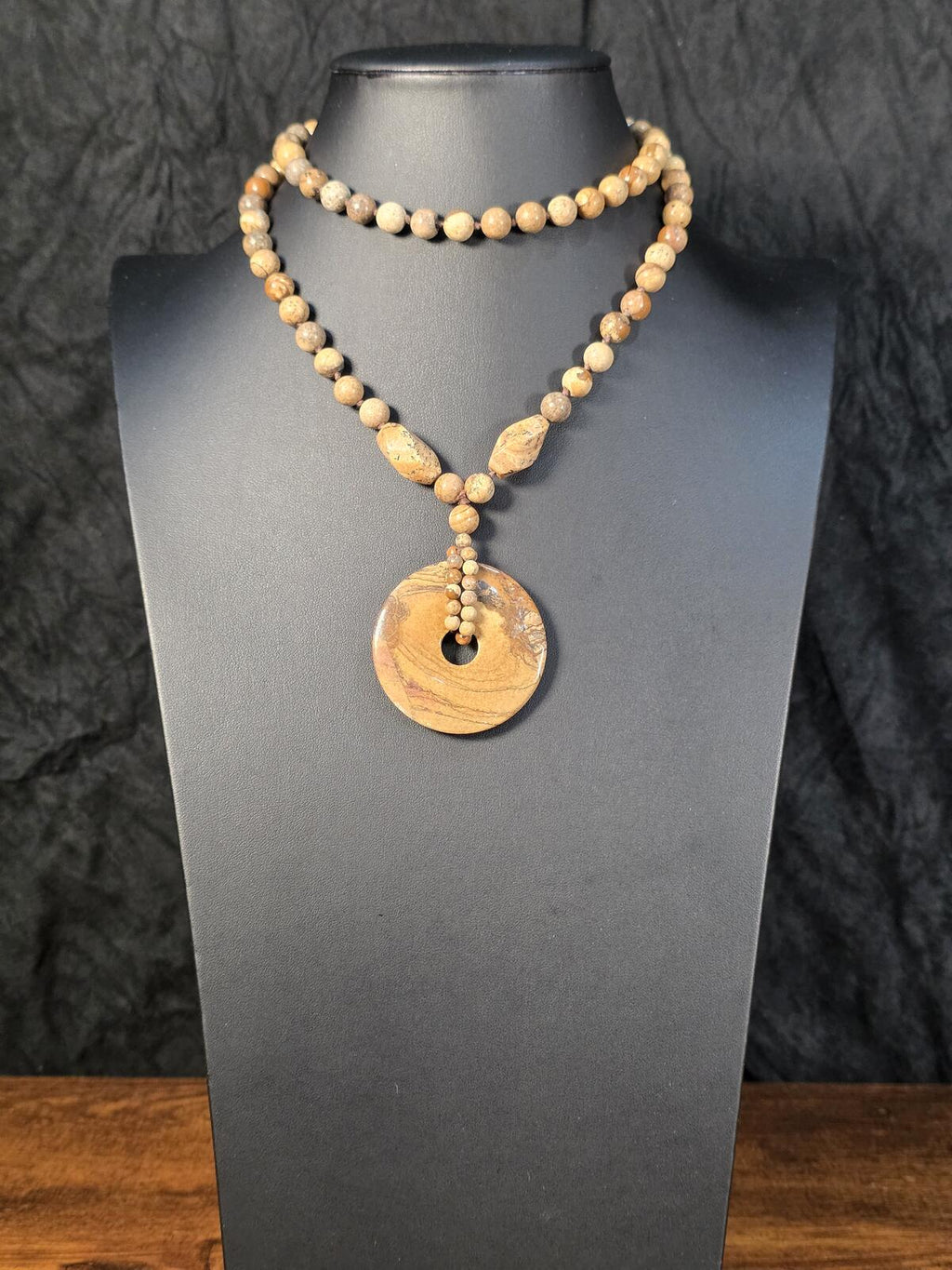 Vintage Landscape Jasper Donut Pendant Necklace Hand Knotted Stone Beads 34In