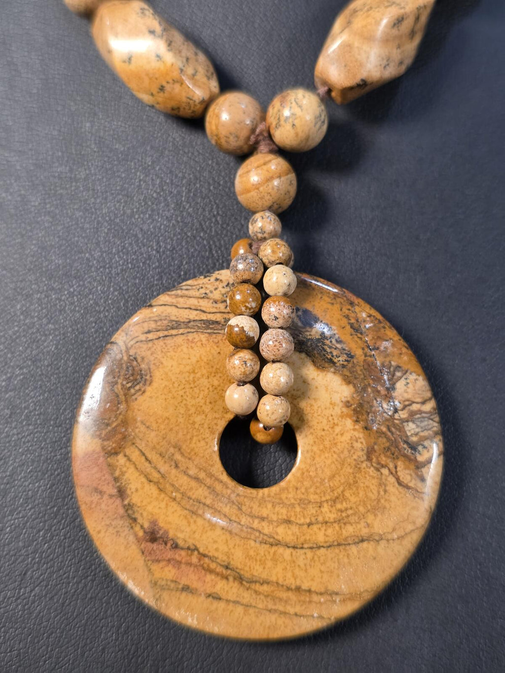 Vintage Landscape Jasper Donut Pendant Necklace Hand Knotted Stone Beads 34In