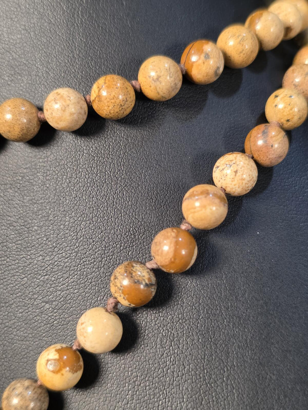 Vintage Landscape Jasper Donut Pendant Necklace Hand Knotted Stone Beads 34In