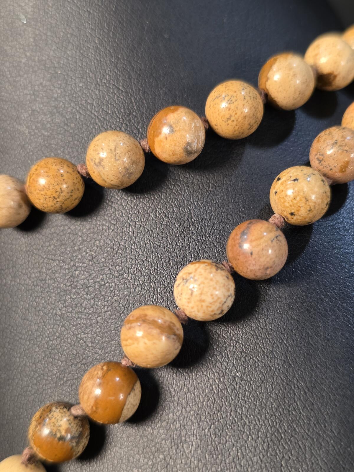 Vintage Landscape Jasper Donut Pendant Necklace Hand Knotted Stone Beads 34In