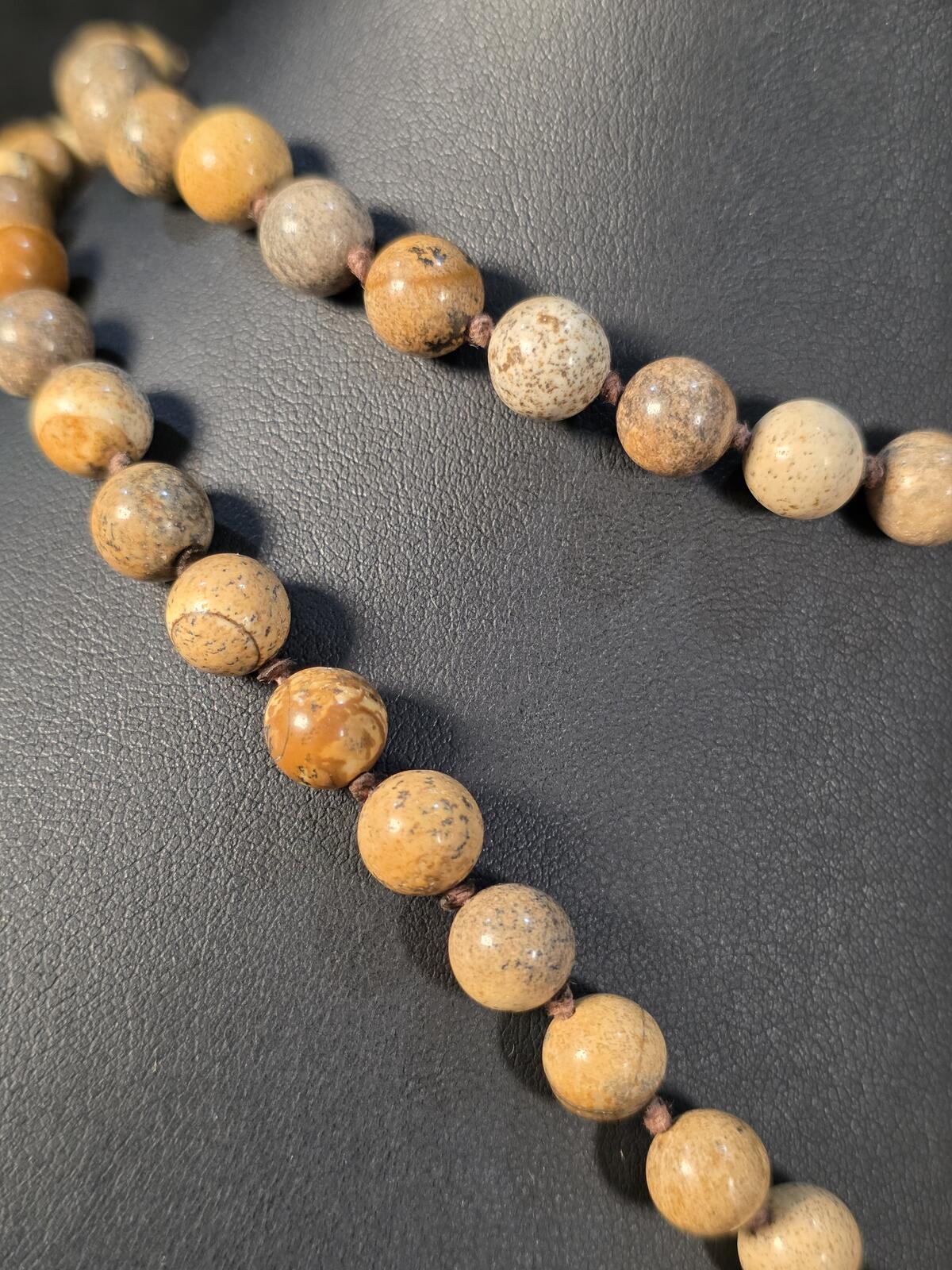Vintage Landscape Jasper Donut Pendant Necklace Hand Knotted Stone Beads 34In
