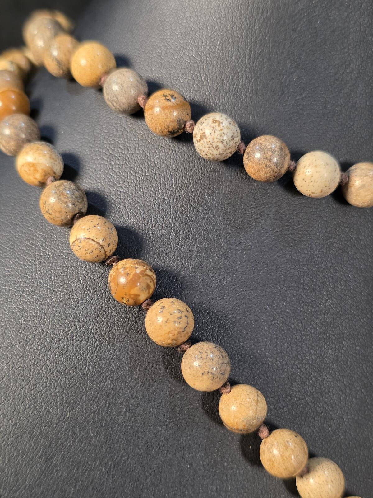 Vintage Landscape Jasper Donut Pendant Necklace Hand Knotted Stone Beads 34In