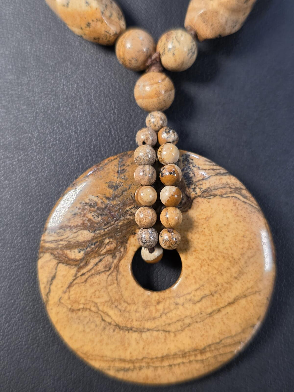 Vintage Landscape Jasper Donut Pendant Necklace Hand Knotted Stone Beads 34In