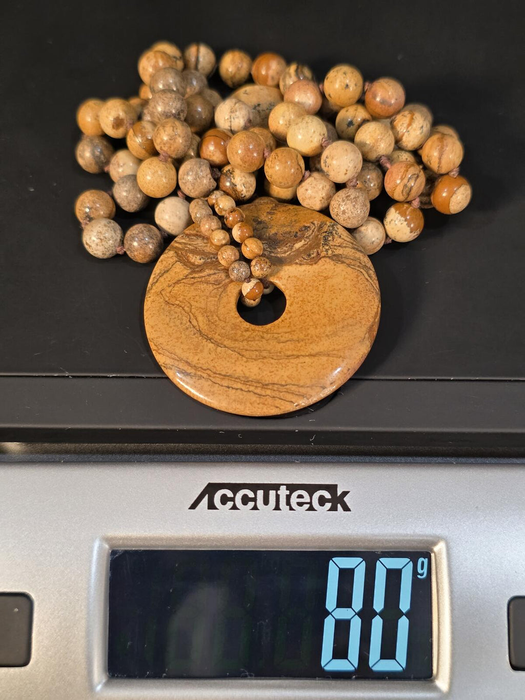 Vintage Landscape Jasper Donut Pendant Necklace Hand Knotted Stone Beads 34In