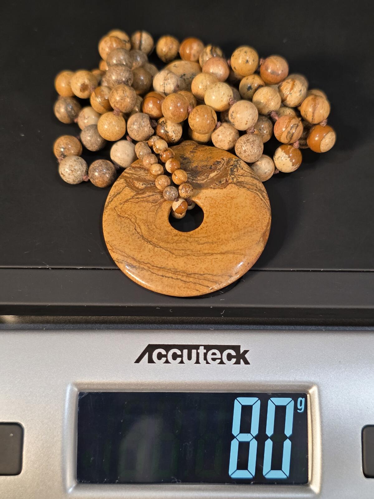 Vintage Landscape Jasper Donut Pendant Necklace Hand Knotted Stone Beads 34In