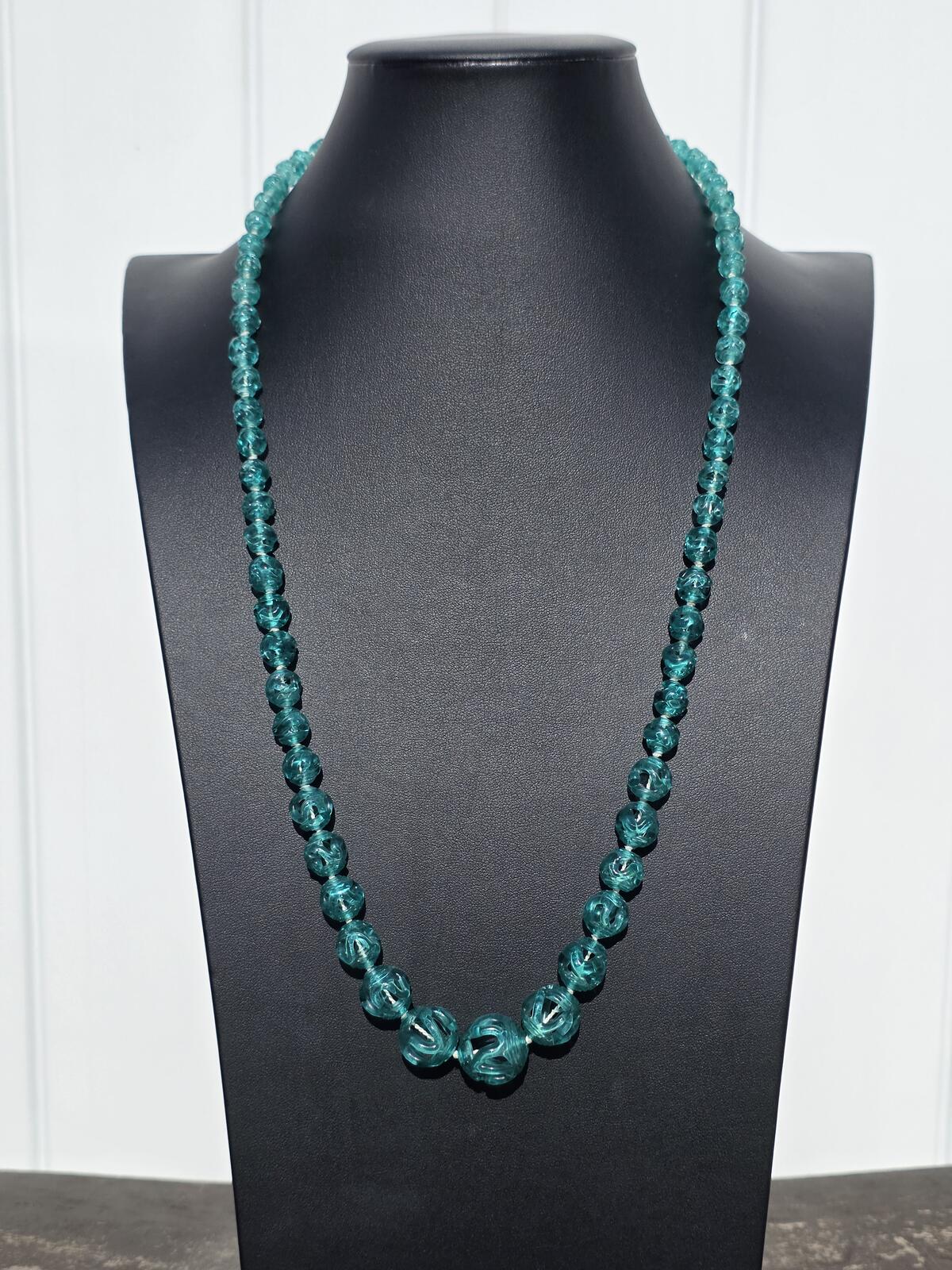 Rare Vintage Czech Bohemian Aquamarine Blue Art Glass Necklace 14K Gold Filled