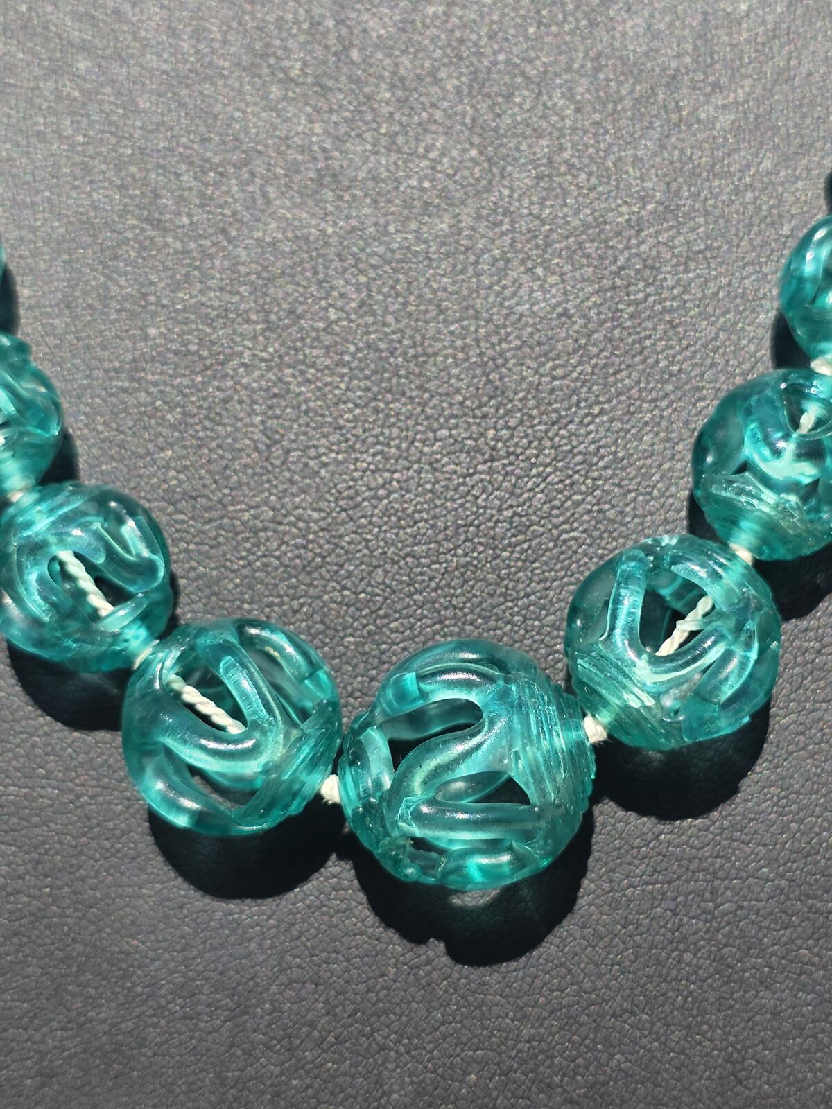 Rare Vintage Czech Bohemian Aquamarine Blue Art Glass Necklace 14K Gold Filled