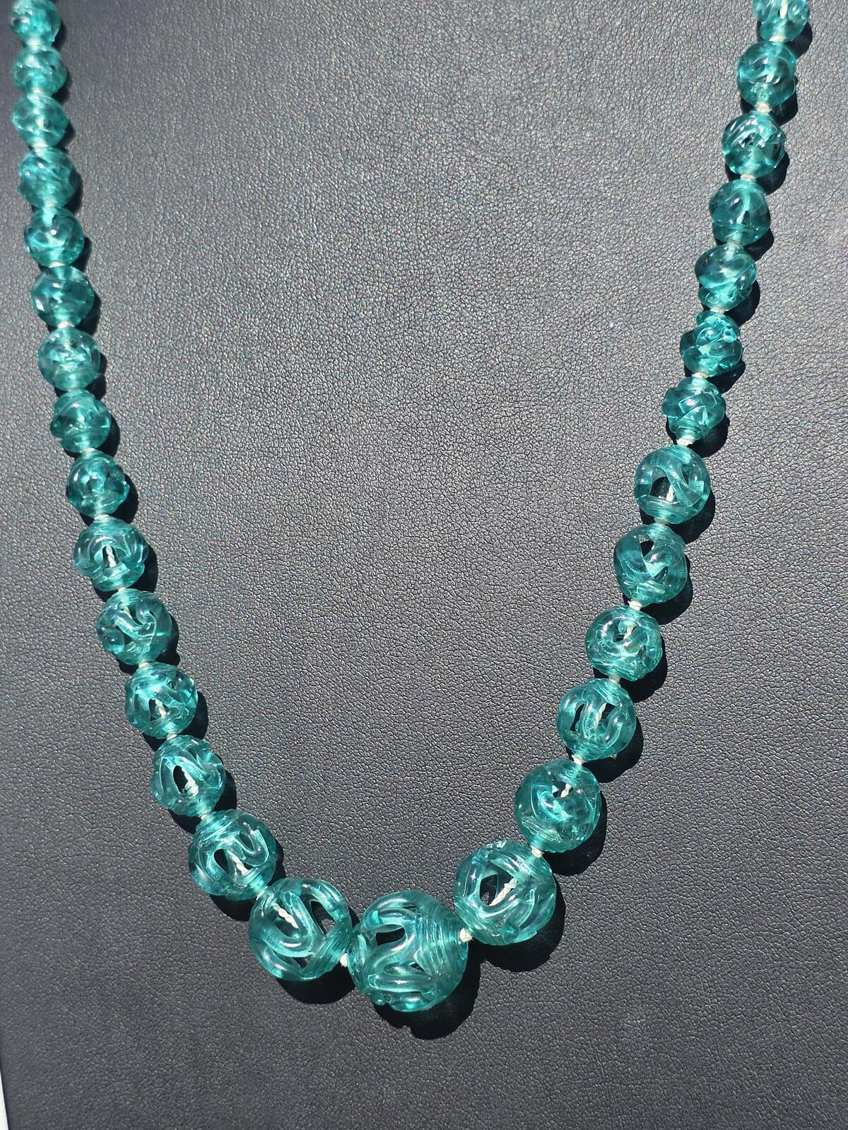 Rare Vintage Czech Bohemian Aquamarine Blue Art Glass Necklace 14K Gold Filled