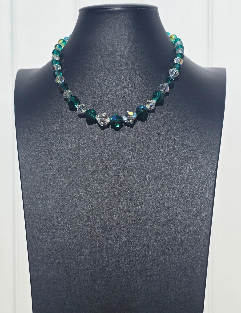 Vintage Austrian Crystal Necklace, Emerald & Forest Green Sparkling AB Beads