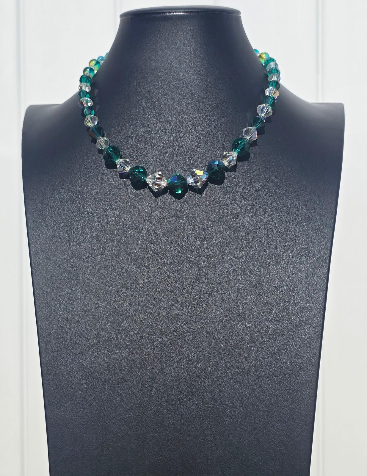 Vintage Austrian Crystal Necklace, Emerald & Forest Green Sparkling AB Beads