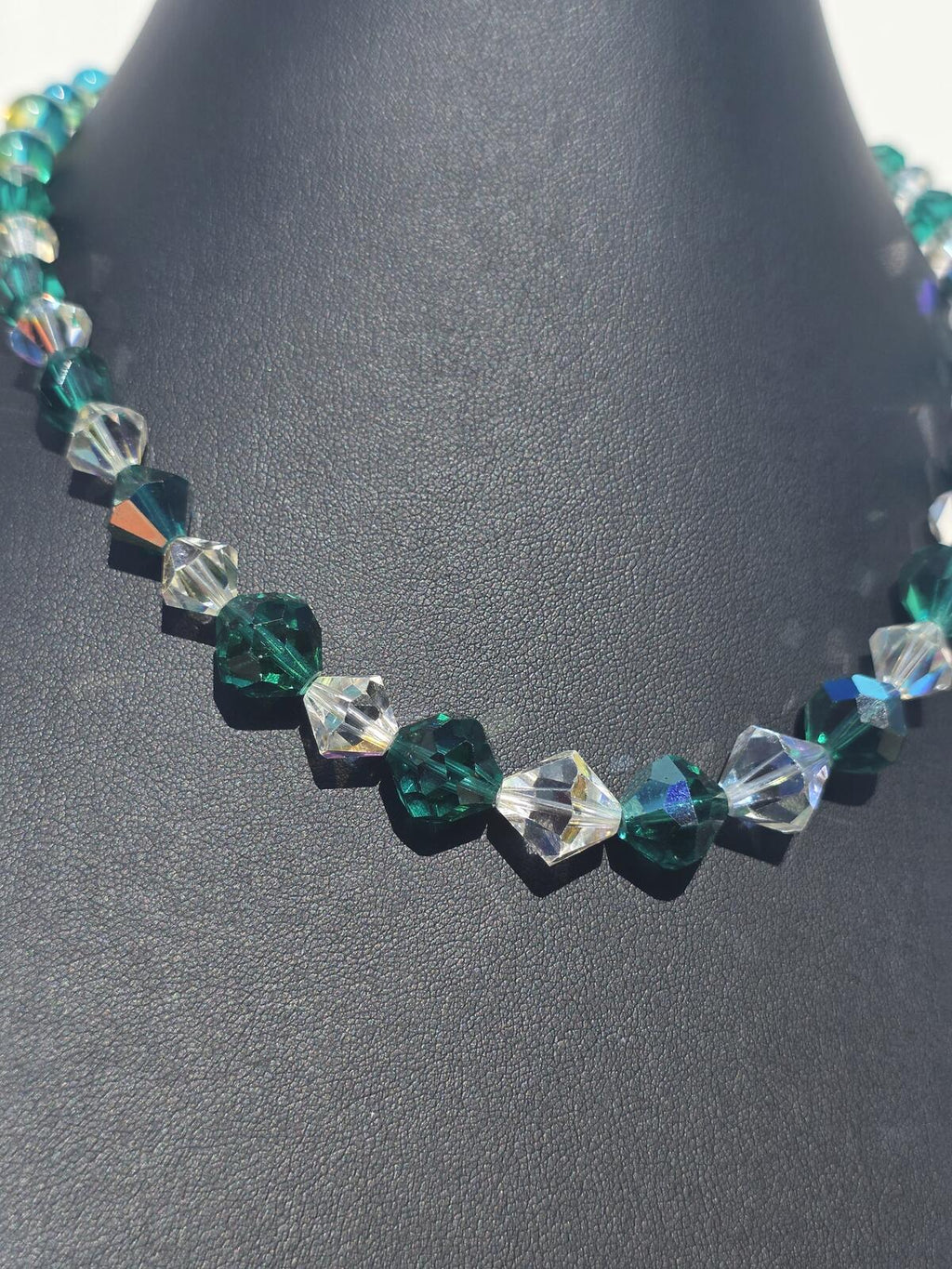 Vintage Austrian Crystal Necklace, Emerald & Forest Green Sparkling AB Beads