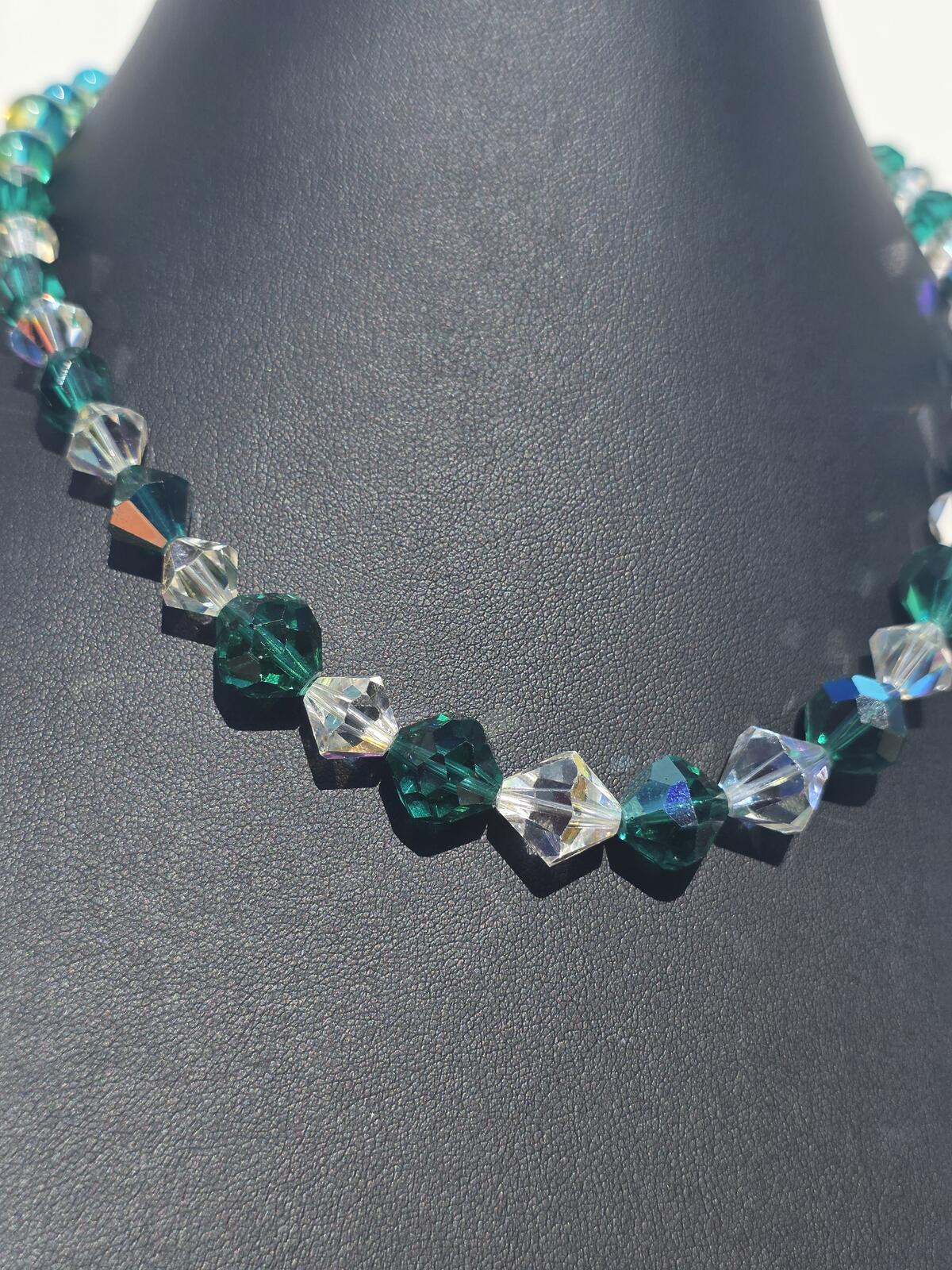 Vintage Austrian Crystal Necklace, Emerald & Forest Green Sparkling AB Beads
