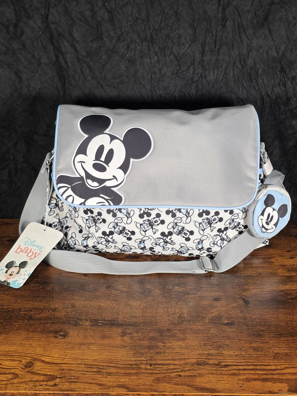 Disney Mickey Mouse Diaper Bag, Gray & Baby Blue, Changing Pad & Pacifier Holder
