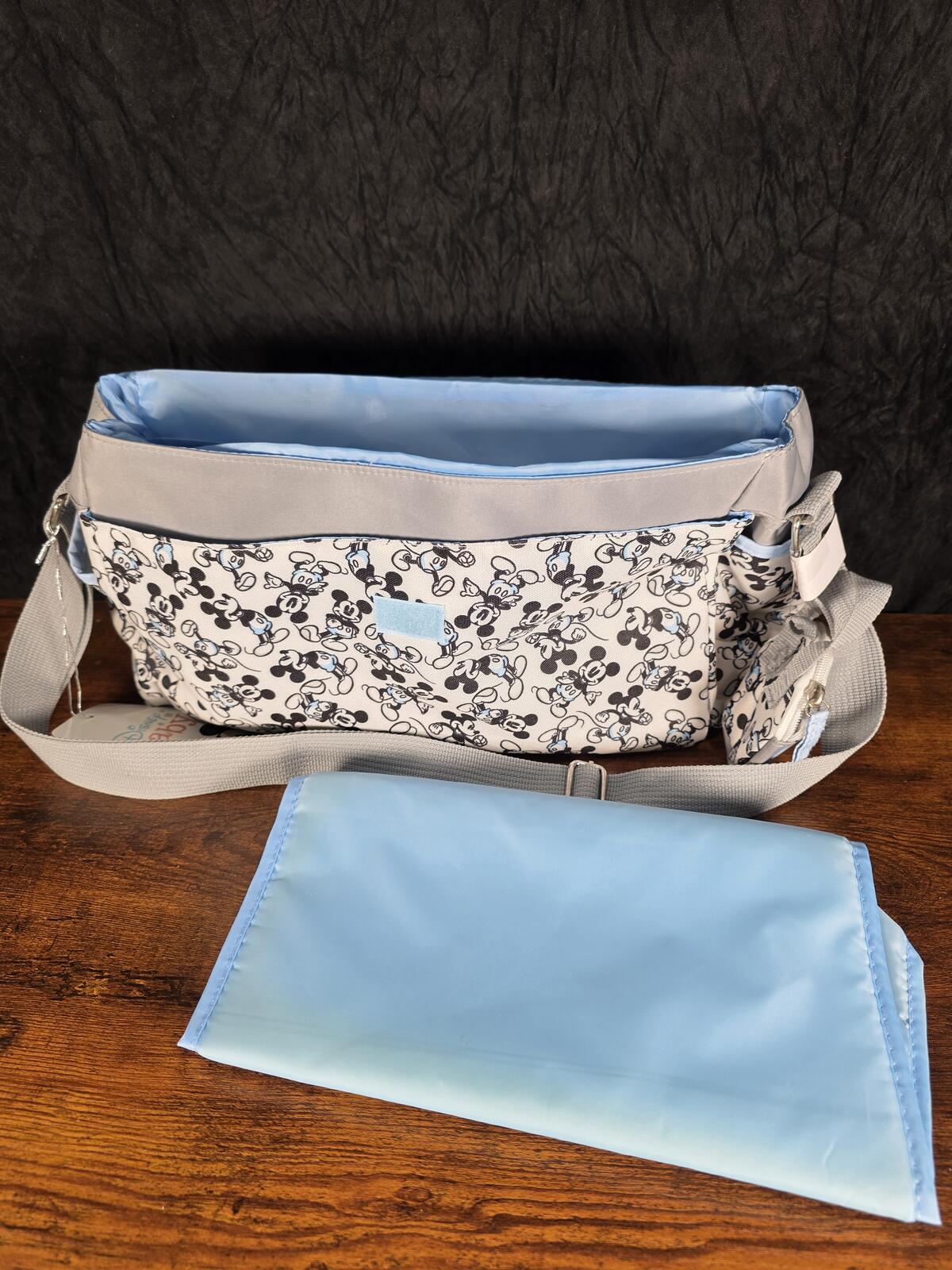 Disney Mickey Mouse Diaper Bag, Gray & Baby Blue, Changing Pad & Pacifier Holder