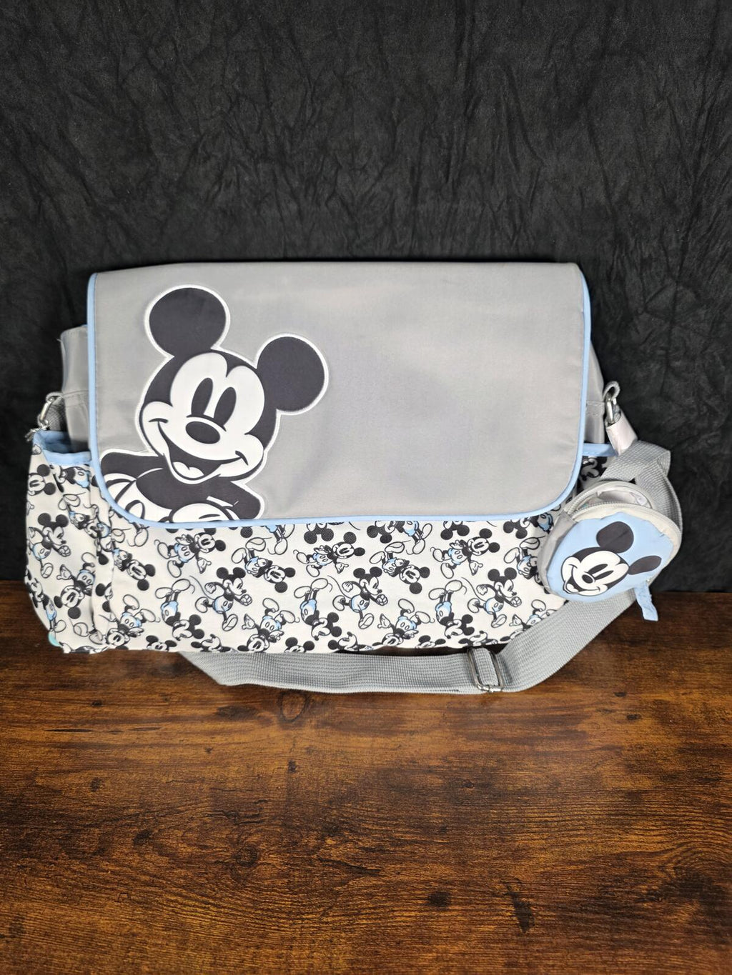Disney Mickey Mouse Diaper Bag, Gray & Baby Blue, Changing Pad & Pacifier Holder