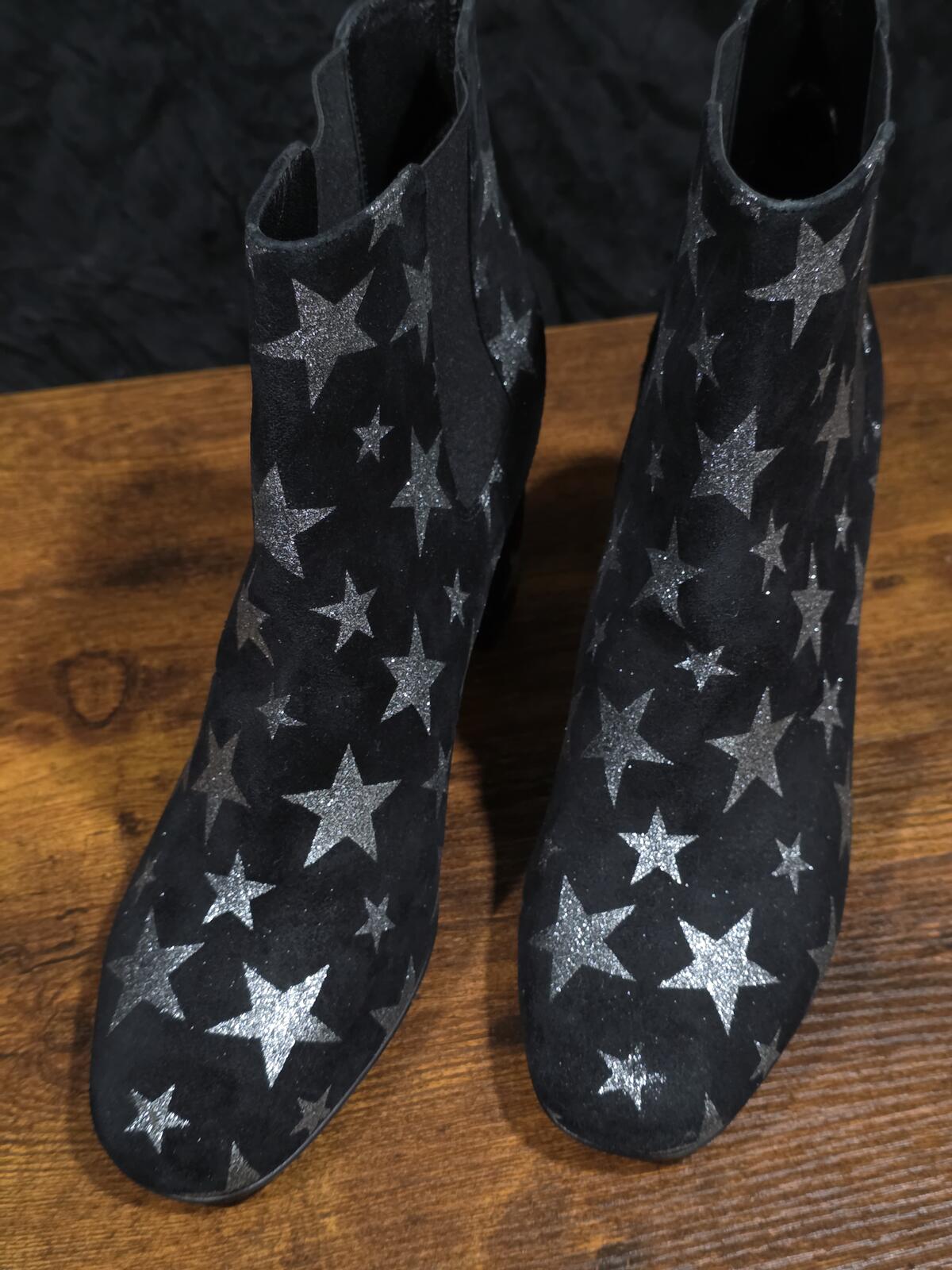 Yves Saint Laurent Paris Silver Star Black Suede Ankle Boot YSL EU38 US8 Italy