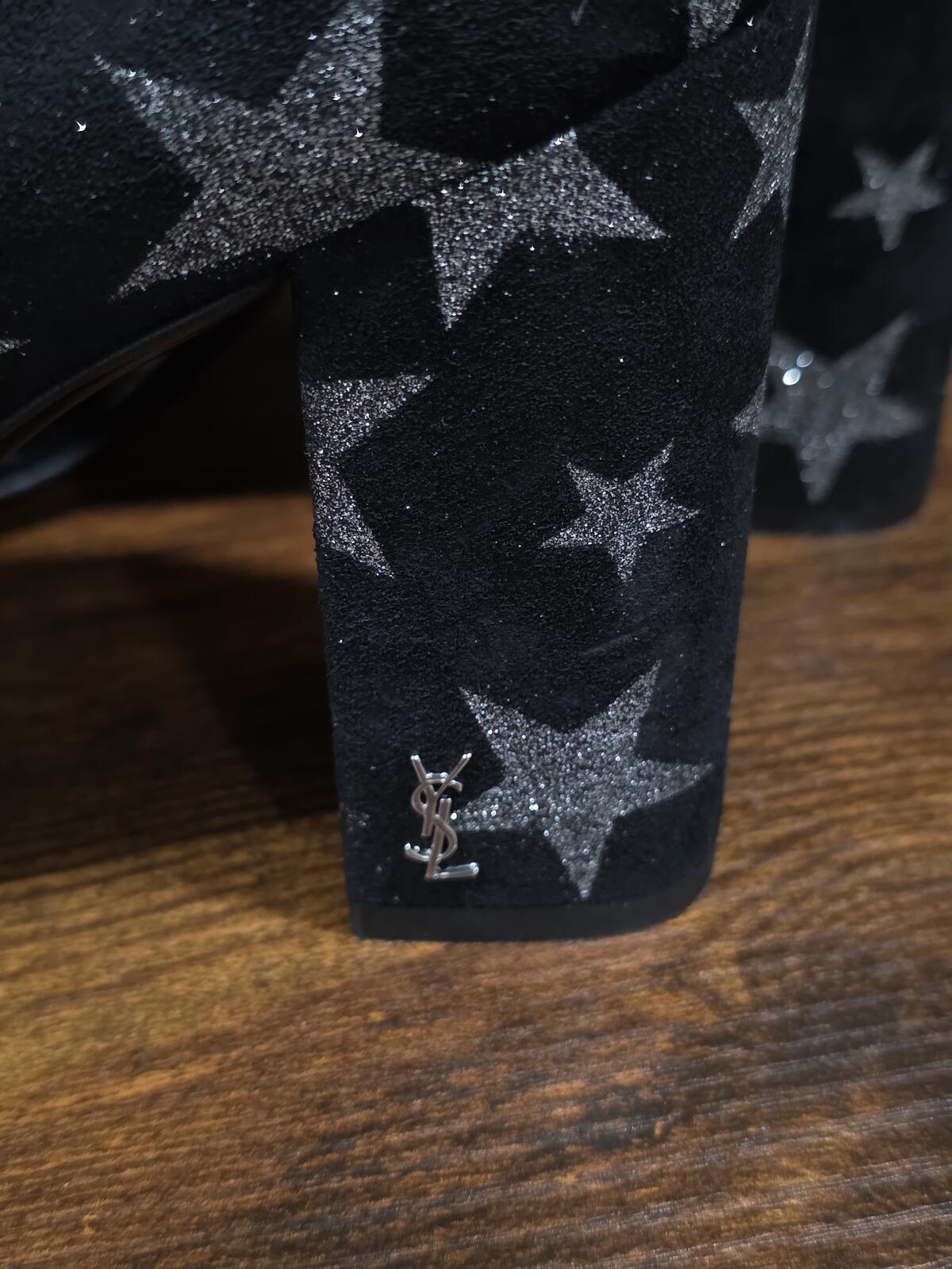 Yves Saint Laurent Paris Silver Star Black Suede Ankle Boot YSL EU38 US8 Italy