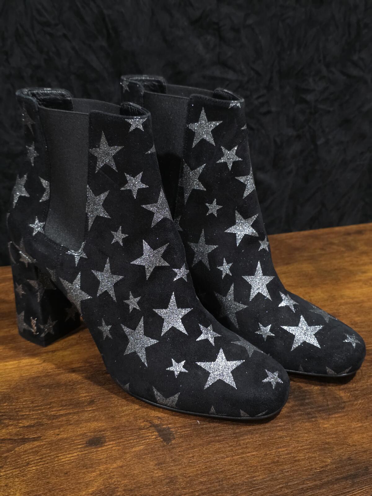 Yves Saint Laurent Paris Silver Star Black Suede Ankle Boot YSL EU38 US8 Italy